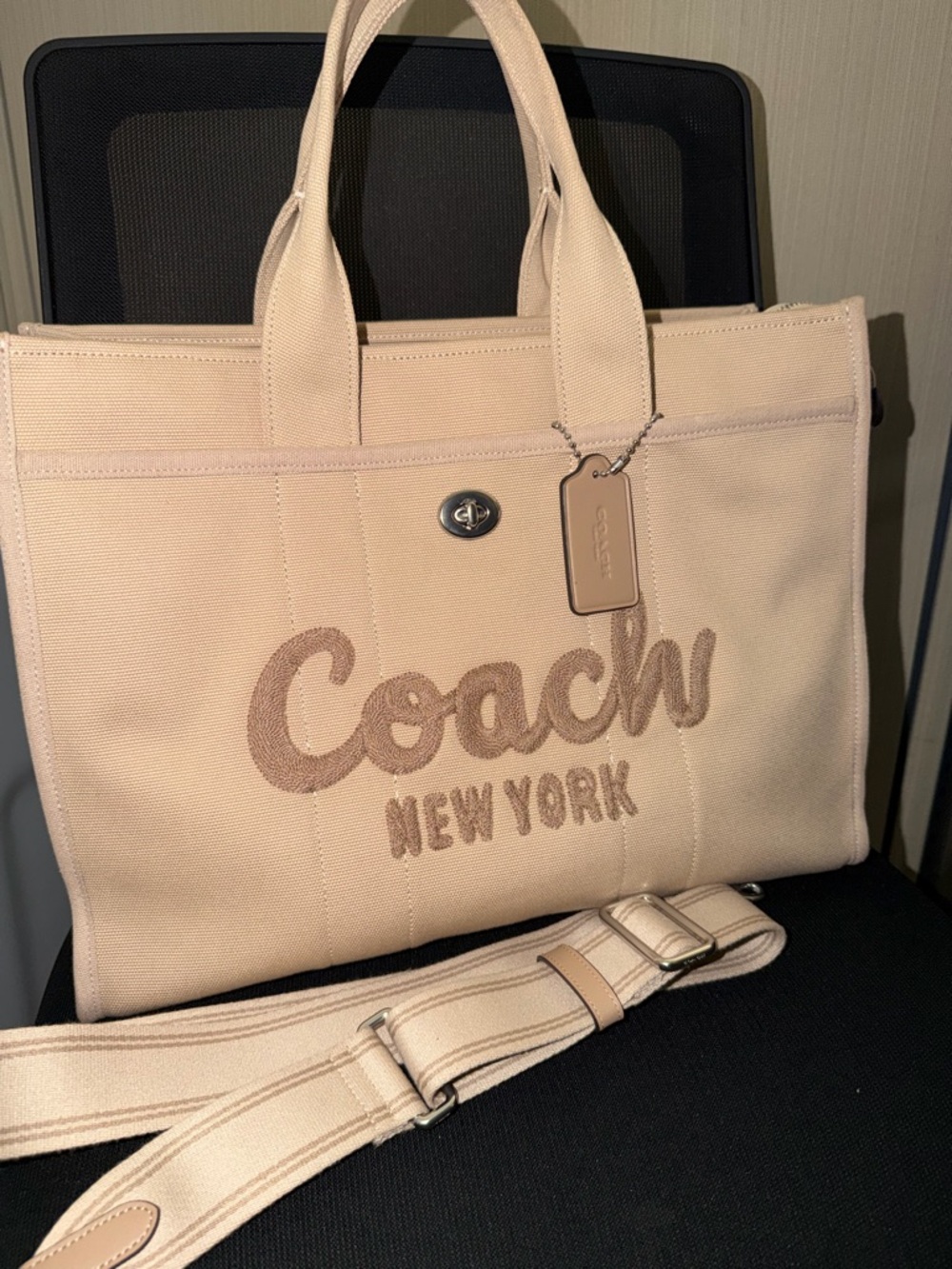 Coach Beige Canvas Tote with Brown Logo and Tag